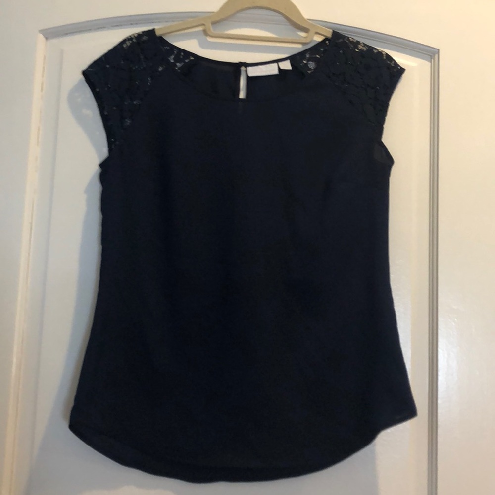 NY & Company Navy Blue Lace Cap Sleeve Blouse